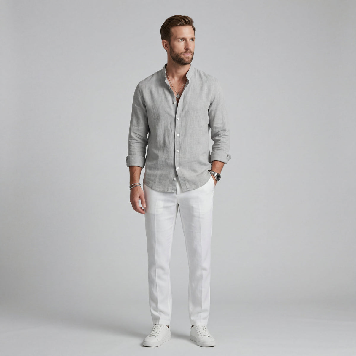 Men's Linen-Blend Button-Down Shirt - Casual Long Sleeve Top