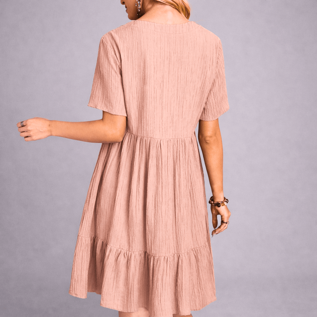 Women's V-Neck Tiered Ruffle Dress - Short Sleeve Crinkle Texture Mini Dress