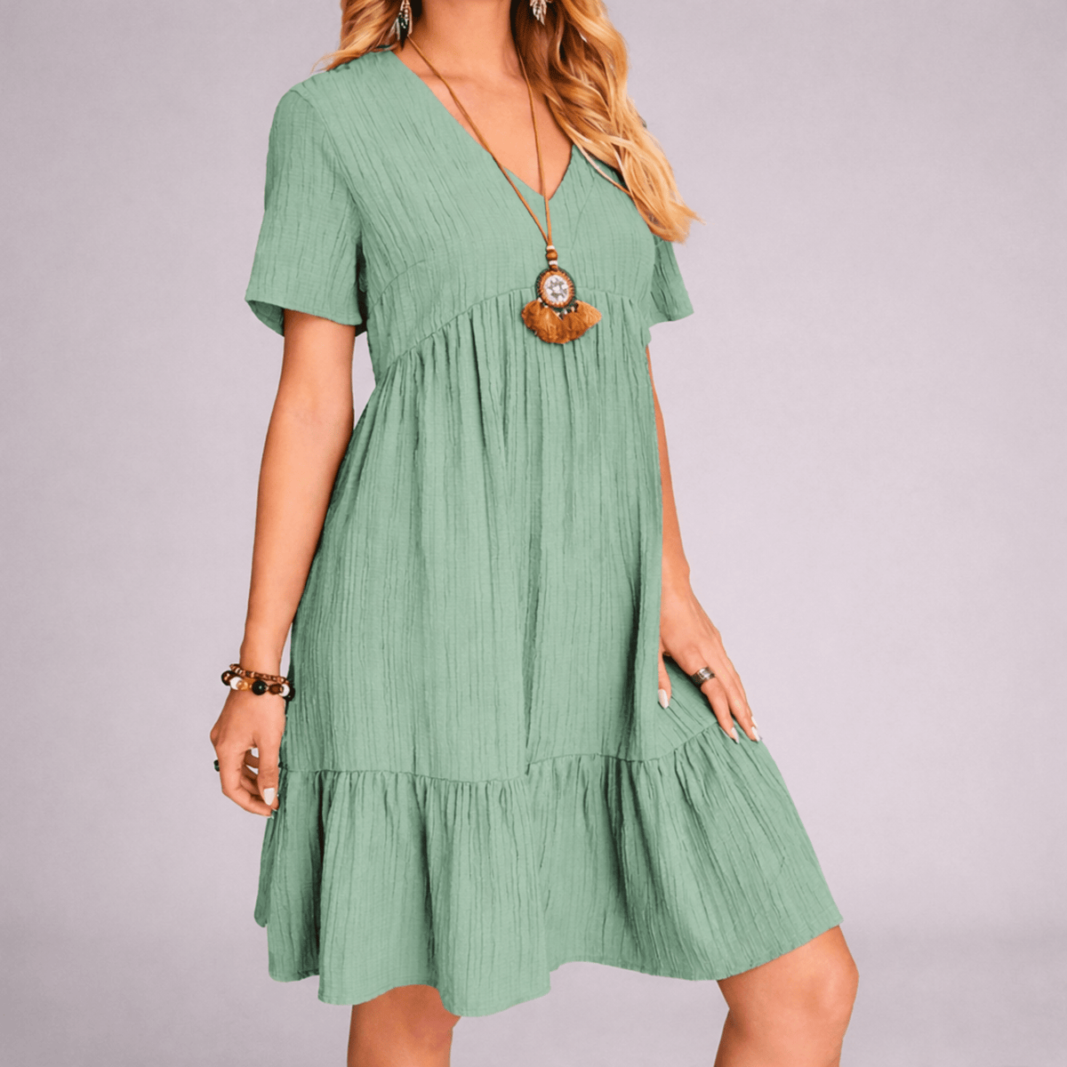 Women's V-Neck Tiered Ruffle Dress - Short Sleeve Crinkle Texture Mini Dress
